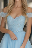Pizzo Tulle A Line Sky Blue Off the Shoulder Abito da Cerimonia