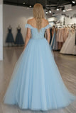 Pizzo Tulle A Line Sky Blue Off the Shoulder Abito da Cerimonia