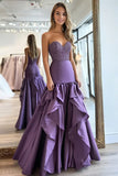 Plum Satin Ruffle una linea Sweetheart Abito da Cerimonia con perline