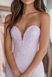 Senza spalline pizzo lilla appliques guaina abito da ballo