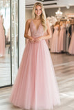 A Line Lace Appliques Tulle Rosa Profondo Scollo a V Abito da Cerimonia