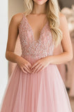 A Line Lace Appliques Tulle Rosa Profondo Scollo a V Abito da Cerimonia