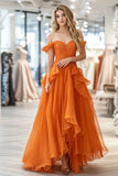 Organza pizzo arancione una linea fuori dalla spalla arruffato abito lungo da ballo