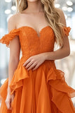 Organza pizzo arancione una linea fuori dalla spalla arruffato abito lungo da ballo