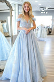 Sky Blue Principessa Off the Spalla Pizzo Applique Abito Lungo da Cerimonia