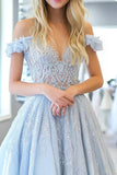 Sky Blue Principessa Off the Spalla Pizzo Applique Abito Lungo da Cerimonia