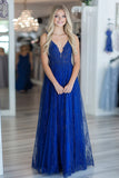 Royal Blue A Line Spaghetti Straps Lace Applique Abito lungo da Cerimonia