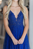 Royal Blue A Line Spaghetti Straps Lace Applique Abito lungo da Cerimonia