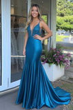 Pavone Stretch Raso Guaina Spaghetti Straps Abito da Cerimonia con Appliques