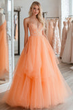 Arancione Principessa Sweetheart Pizzo Applique Tulle Abito Lungo da Cerimonia