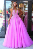 Fucsia Principessa Spaghetti Straps Tulle Abito Lungo Da Ballo con Appliques