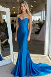 Royal Blue Sweetheart guaina Stretch Satin Abito da ballo lungo