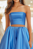 Blu raso senza spalline High-Low lunghezza 2 pezzi Abito da Cerimonia