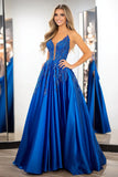 Principessa Raso Blu Reale Spaghetti Straps Abito da Cerimonia con Appliques