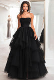 Principessa Nero Senza Spalline Tulle Tiered Increspato Abito Lungo da Cerimonia