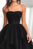 Principessa Nero Senza Spalline Tulle Tiered Increspato Abito Lungo da Cerimonia