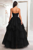 Principessa Nero Senza Spalline Tulle Tiered Increspato Abito Lungo da Cerimonia