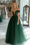 Verde scuro principessa tulle off la spalla lungo abito da ballo con applicazioni in pizzo