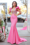 Rosa sirena raso profondo scollo a V perline Prom Dress con maniche arruffate