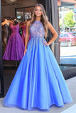 Blu Organza Pizzo Scoop Neck Principessa Prom Dress con Appliques