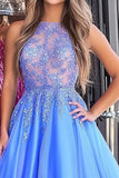 Blu Organza Pizzo Scoop Neck Principessa Prom Dress con Appliques