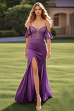 Scintillante Plum Mermaid Spalla Fredda Corsetto In Perline Abito Formale Lungo In Raso Con Fessura