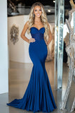 Scintillante Royal Blue Mermaid Sweetheart increspato Beaded Abito da ballo lungo