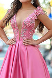 Scintillante rosa principessa scollo a V raso lungo abito da ballo con appliques