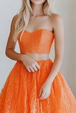 Arancione A-Line 2 pezzi Sweetheart arruffato pizzo lungo Prom Dress