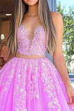 Fucsia Principessa 2 Pezzi Sweetheart Tulle Abito da ballo lungo con applique