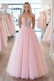 Scintillante rosa Ball Gown Sweetheart Tulle lungo Prom Dress con appliques