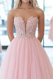 Scintillante rosa Ball Gown Sweetheart Tulle lungo Prom Dress con appliques