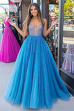 Abito da ballo lungo in tulle con scollo a V da principessa blu scintillante