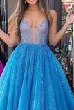 Abito da ballo lungo in tulle con scollo a V da principessa blu scintillante
