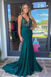Glitter verde scuro sirena spaghetti spalline raso lungo abito da ballo con appliques