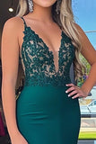 Glitter verde scuro sirena spaghetti spalline raso lungo abito da ballo con appliques