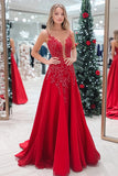 Sparkly rosso A-Line Spaghetti Straps lungo Prom Dress con applique paillettes