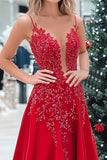 Sparkly rosso A-Line Spaghetti Straps lungo Prom Dress con applique paillettes