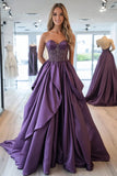 Scintillante Plum Princess Sweetheart arruffato raso lungo Prom Dress con Appliques