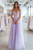 Scintillante lilla A-Line Off the Spalla Tulle Abito lungo formale con applicazioni