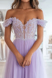 Scintillante lilla A-Line Off the Spalla Tulle Abito lungo formale con applicazioni