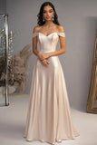 Elegante Champagne A-Line Off the Spalla Satin Abito lungo da ballo