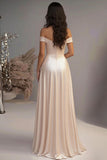 Elegante Champagne A-Line Off the Spalla Satin Abito lungo da ballo