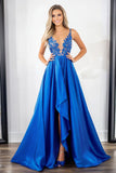 Royal Blue Satin Lace Applique V-Neck Abito da Cerimonia asimmetrico con fessura