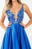 Royal Blue Satin Lace Applique V-Neck Abito da Cerimonia asimmetrico con fessura