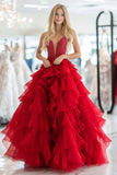 Abito da ballo lungo a più livelli in tulle con scollo a V rosso da principessa con perline