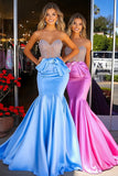Blu Sweetheart sirena raso perline lungo Abito da Cerimonia con fiocco