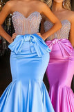 Blu Sweetheart sirena raso perline lungo Abito da Cerimonia con fiocco