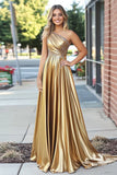 Oro Metallic Satin una spalla una linea pieghettato lungo Abito da Cerimonia con perline