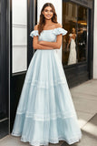 Azzurro Off the Shoulder A Line Abito da Cerimonia lungo